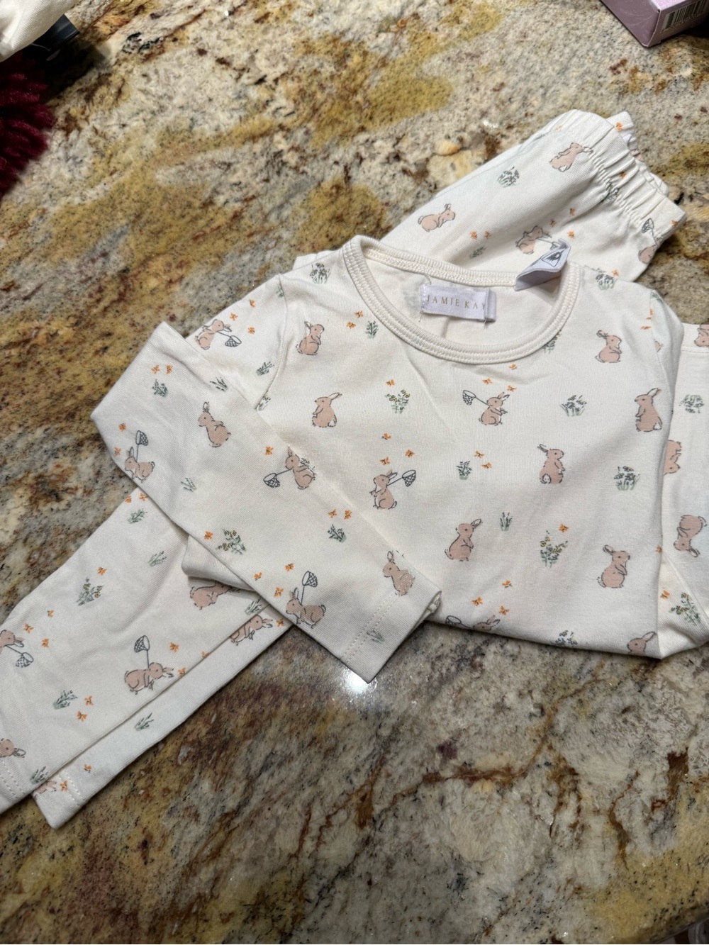 Jamie Kay Cream Pajama Set with Peach Bunny Print